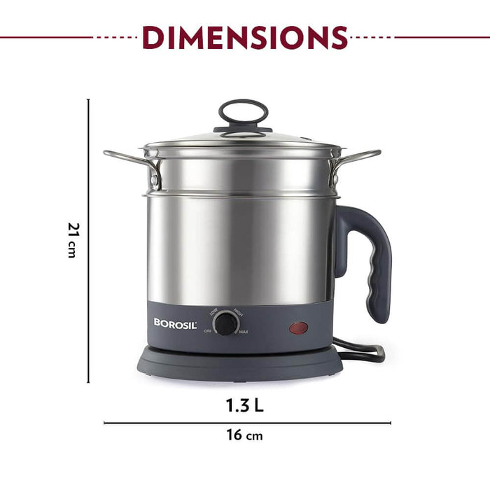 Borosil 1.3L Electric Multi Kettle with egg tray dimensions
