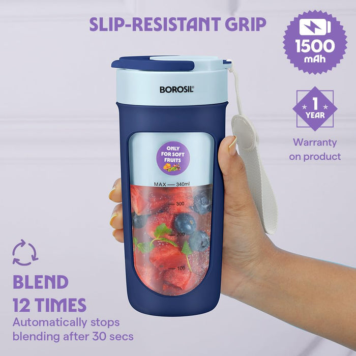 Blue Borosil portable USB blender for protein shakes and fruit smoothies