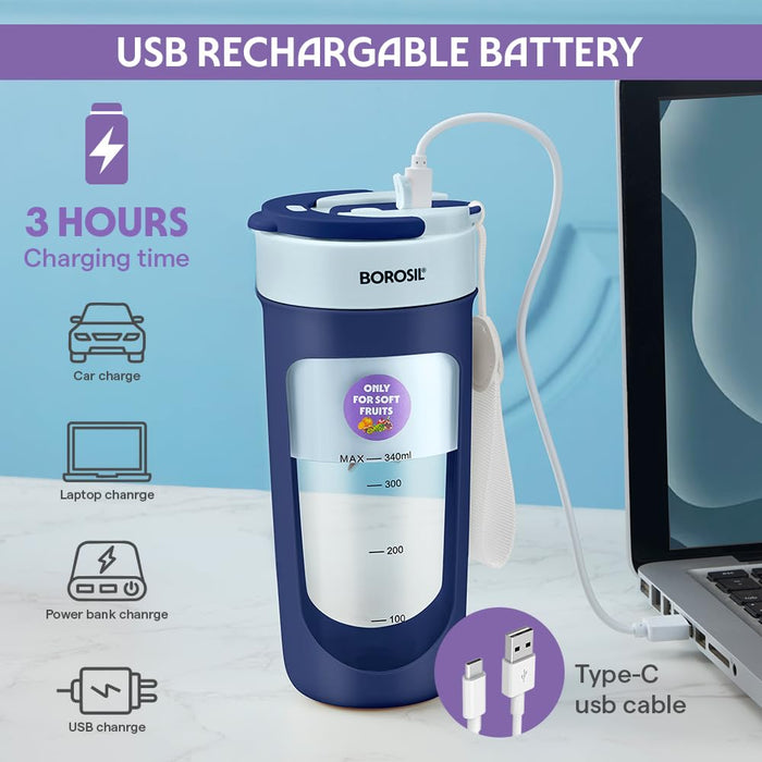 Compact Borosil Blue portable blender for gym, office and travel use