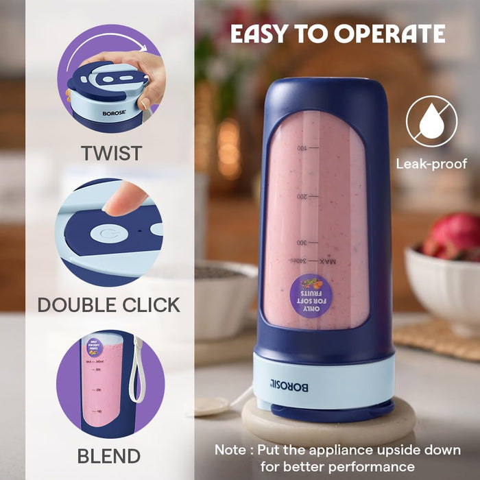 Borosil NutriSip Blue rechargeable mini blender twist-to-blend daily smoothies