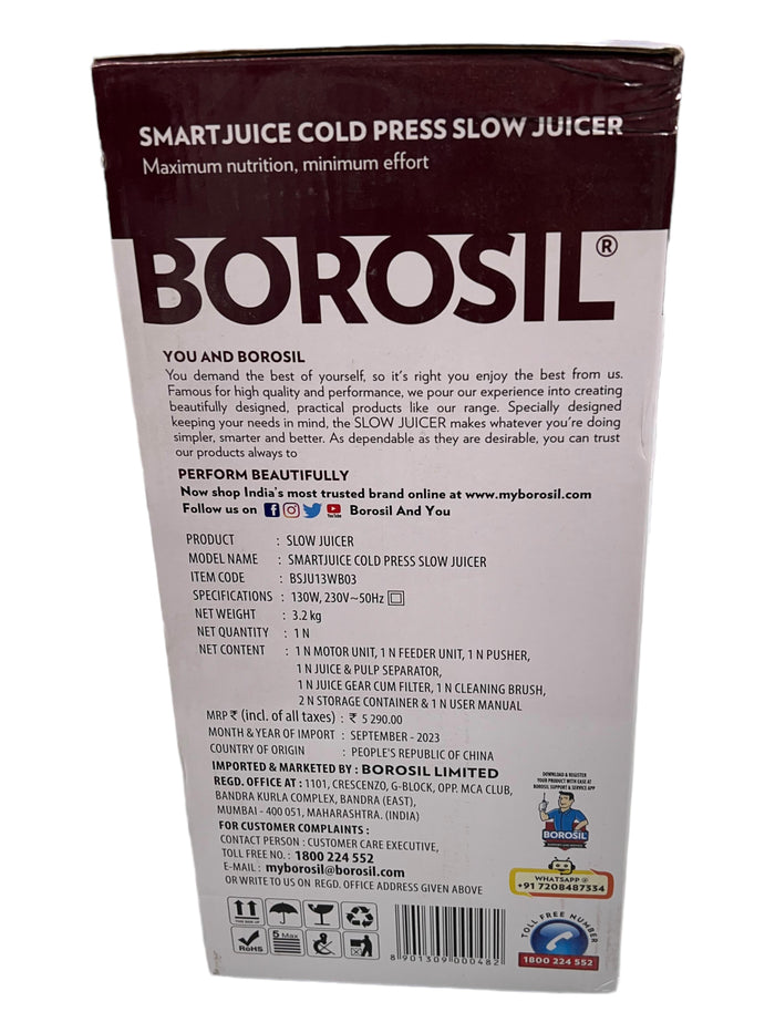 Borosil Smart Juice Cold Press Slow Juicer - 130W DC Motor, 1 Year Warranty