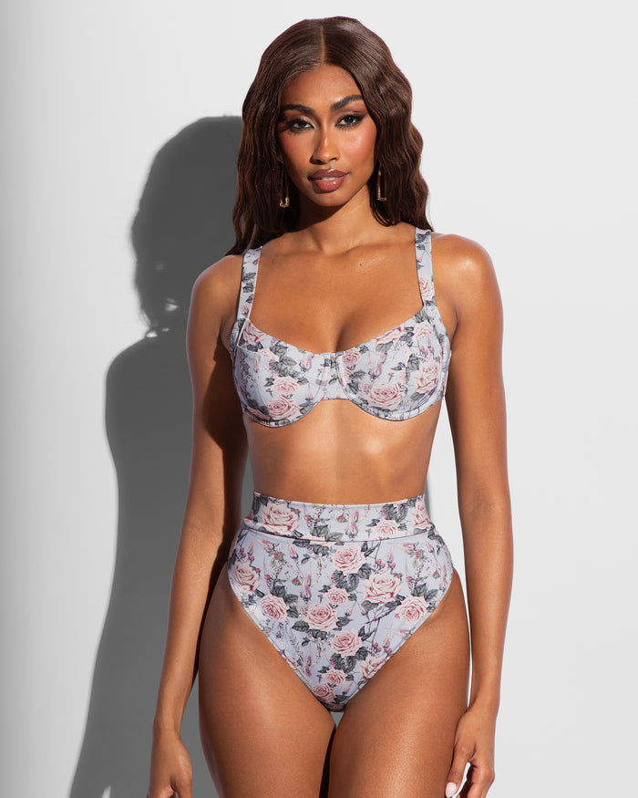Front view of Hi Cut Adjustable Kini Bottom - Blue Thorny Rose on model