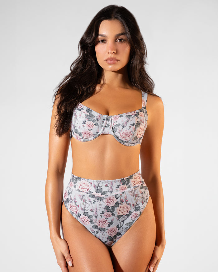 Front view of model wearing Hi Cut Adjustable Kini Bottom - Blue Thorny Rose paired with Hi Cut Adjustable Kini Bottom - Blue Thorny Rose