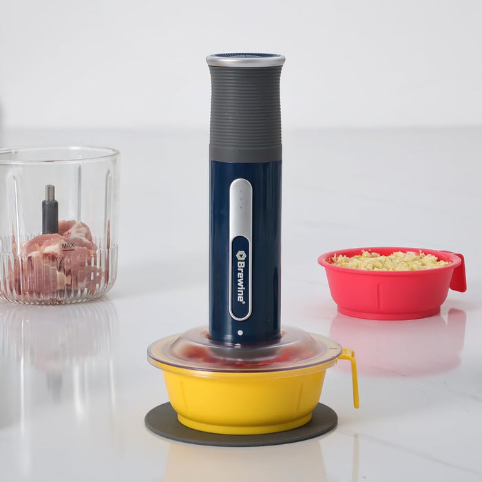 Brewine 4-in-1 kitchen chopper whisking frothy coffee drink with coffee beans showing beverage preparation capability