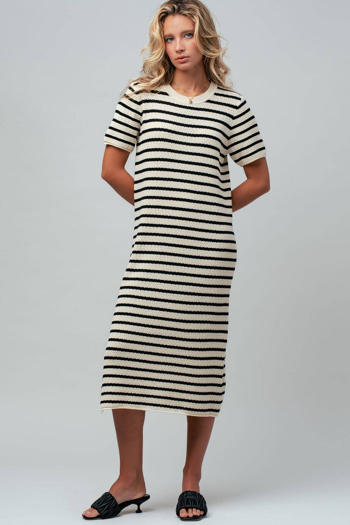 Brinley Striped Crochet Knit Short Sleeve Midi Dress
