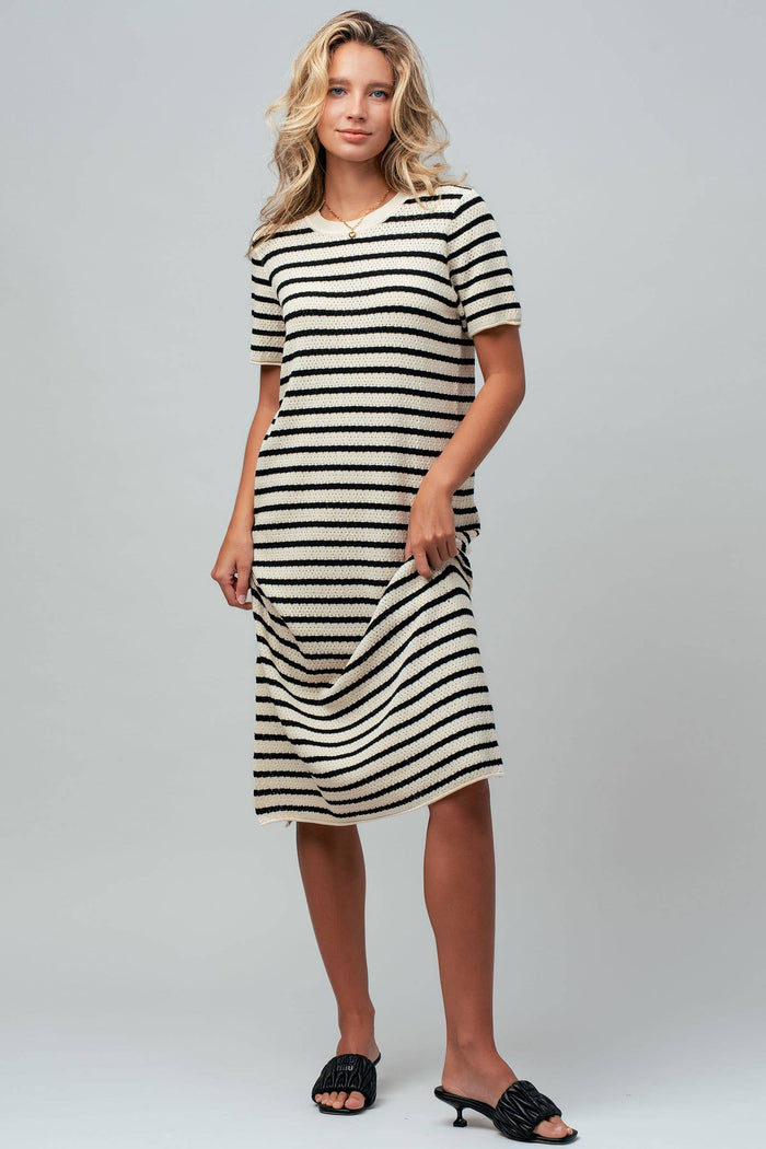 Brinley Striped Crochet Knit Short Sleeve Midi Dress