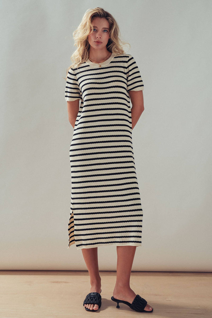 Brinley Striped Crochet Knit Short Sleeve Midi Dress