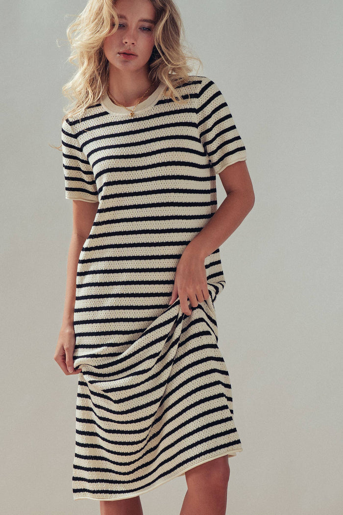 Brinley Striped Crochet Knit Short Sleeve Midi Dress