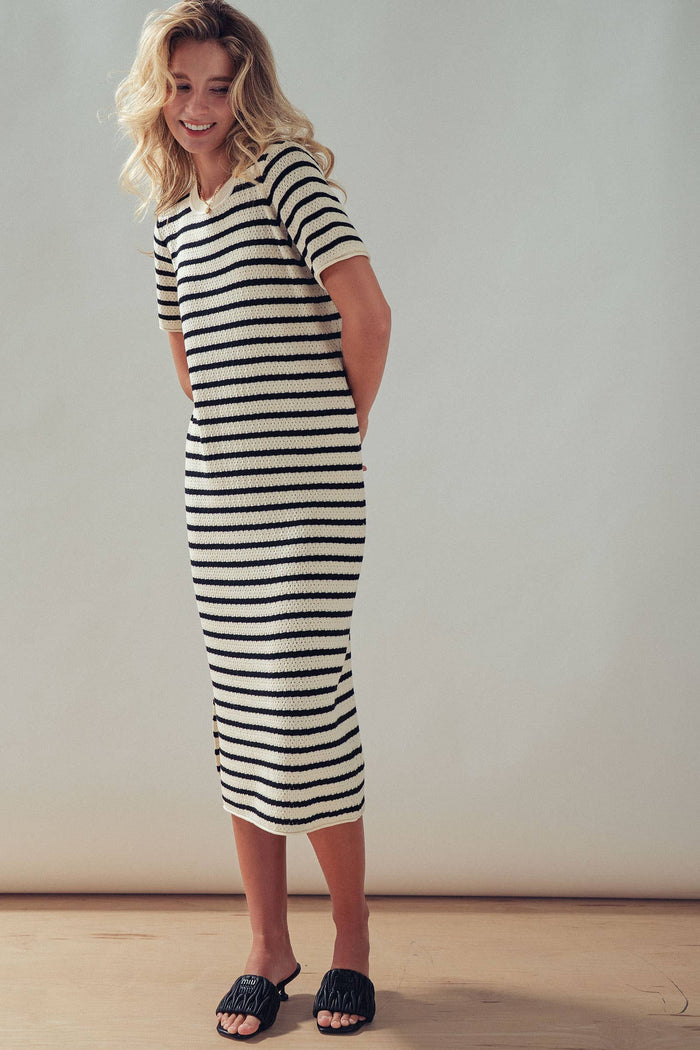 Brinley Striped Crochet Knit Short Sleeve Midi Dress