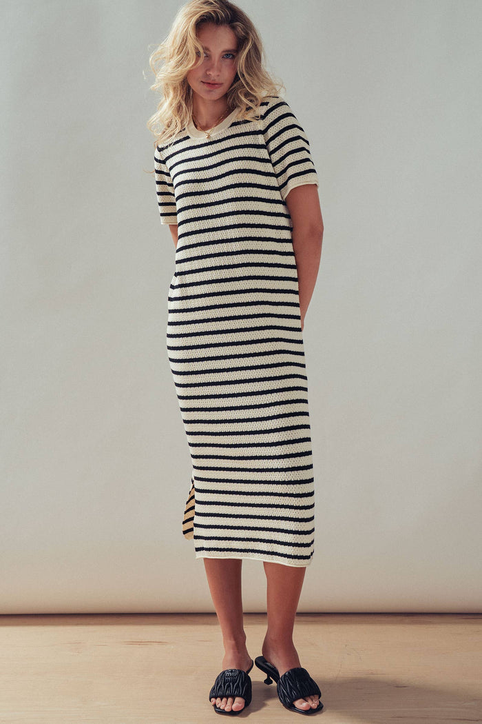 Brinley Striped Crochet Knit Short Sleeve Midi Dress