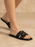 Britney Lace Mesh Sandals H-Cutout Square Toe Slides