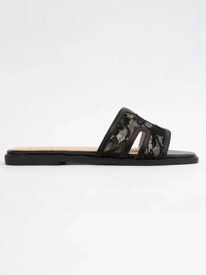 Britney Lace Mesh Sandals H-Cutout Square Toe Slides
