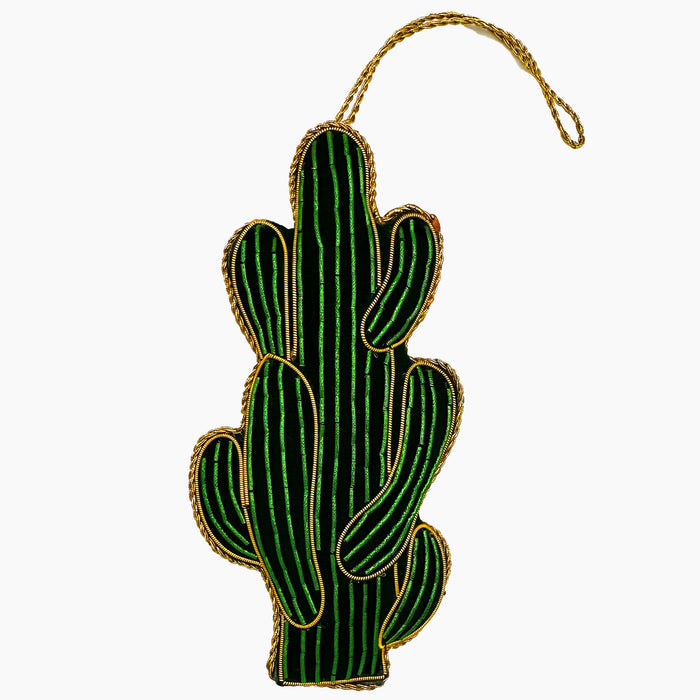 Image of a Saguaro cactus Christmas ornament with intricate beadwork.