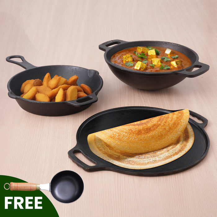Cast Iron Cookware Set: (30cm)Tawa+ (25.4cm)Kadai+ (22.9cm)Fry Pan, Kitchen Set for Home, Pre-seasoned, 100% Pure, Toxin-free, Free ₹400 Tadka Pan