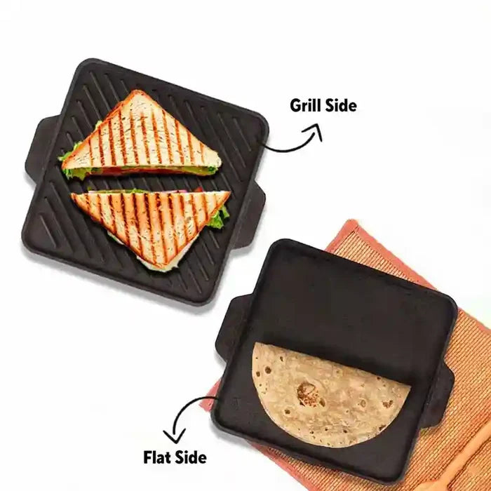 CASTrong Cast Iron 2-in-1 Griddle (Grill Pan + Tawa) 27.2cm, Pre-seasoned, 100% Pure, Toxin-free, Induction, Square