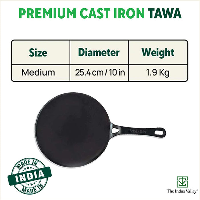 CASTrong Cast Iron Concave Tawa 25.4cm, Pre-seasoned, Naturally Nonstick, 100% Pure, Toxin-free, Free  110 Spatula