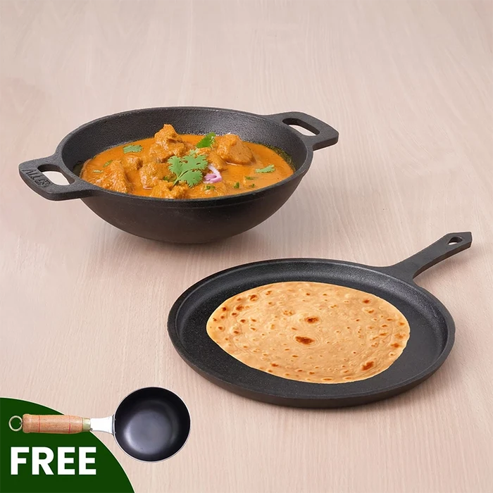 CASTrong Cast Iron Cookware Set: (25.7cm)Tawa+ (25.6cm)Kadai (Wok model), Kitchen Set for Home, Pre-seasoned, 100% Pure, Toxin-free, Free ₹400 Tadka Pan