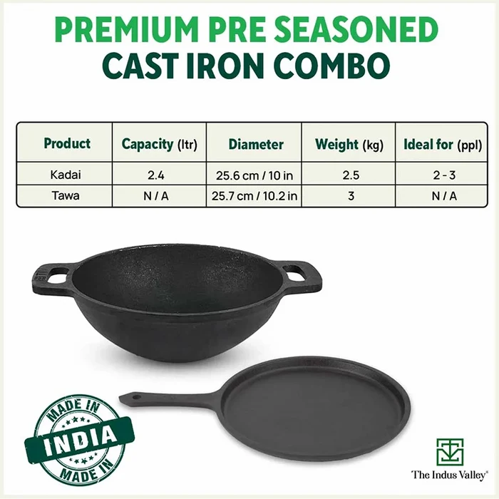 CASTrong Cast Iron Cookware Set: (25.7cm)Tawa+ (25.6cm)Kadai (Wok model), Kitchen Set for Home, Pre-seasoned, 100% Pure, Toxin-free, Free ₹400 Tadka Pan