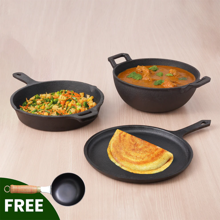 CASTrong Cast Iron Cookware Set: (25.7cm)Tawa+ (25cm)Kadai+ (25cm)Frypan, Kitchen Set for Home, Pre-seasoned, 100% Pure, Induction, Free ₹400 Tadka Pan