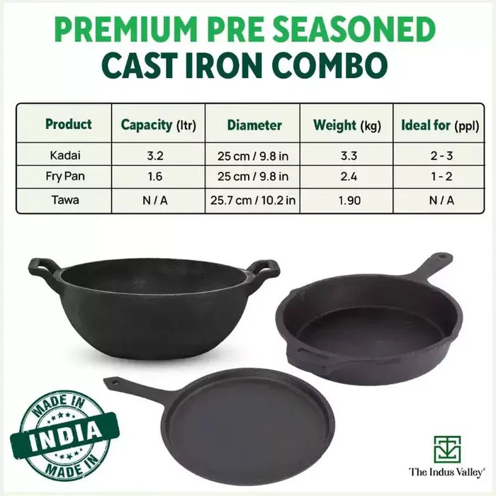 CASTrong Cast Iron Cookware Set: (25.7cm)Tawa+ (25cm)Kadai+ (25cm)Frypan, Kitchen Set for Home, Pre-seasoned, 100% Pure, Induction, Free ₹400 Tadka Pan