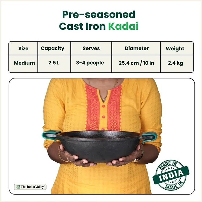 CASTrong Cast Iron Kadai 2.5 L 2.4 Kg, Flat Handle,Pre-seasoned, Naturally Nonstick, Premium Quality, Toxin-free