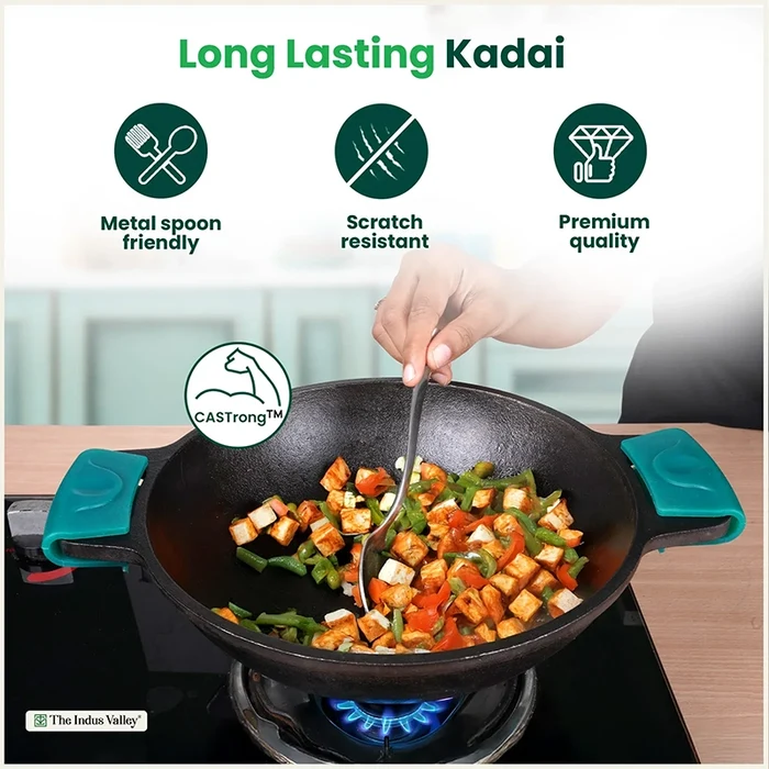 CASTrong Cast Iron Kadai 2.5 L 2.4 Kg, Flat Handle,Pre-seasoned, Naturally Nonstick, Premium Quality, Toxin-free