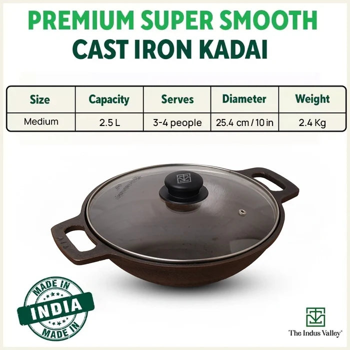CASTrong Cast Iron Kadai (Wok) 2.5L+ Glass Lid, Pre-seasoned, Naturally Nonstick, 100% Pure,Toxin-free