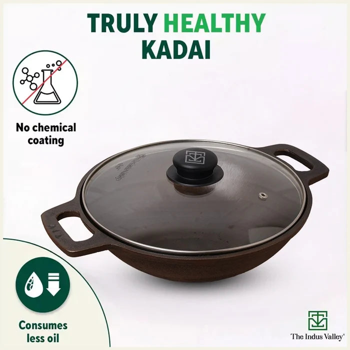 CASTrong Cast Iron Kadai (Wok) 2.5L+ Glass Lid, Pre-seasoned, Naturally Nonstick, 100% Pure,Toxin-free