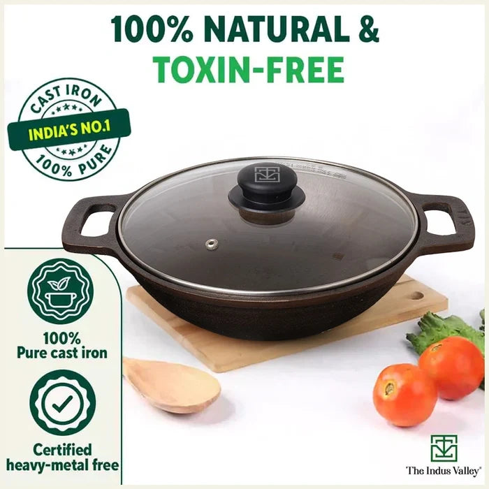 CASTrong Cast Iron Kadai (Wok) 2.5L+ Glass Lid, Pre-seasoned, Naturally Nonstick, 100% Pure,Toxin-free