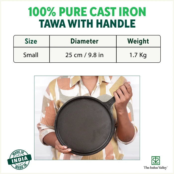 CASTrong Cast Iron Tawa with Handle 25cm, Pre-seasoned, 100% Pure, Toxin-free, Induction