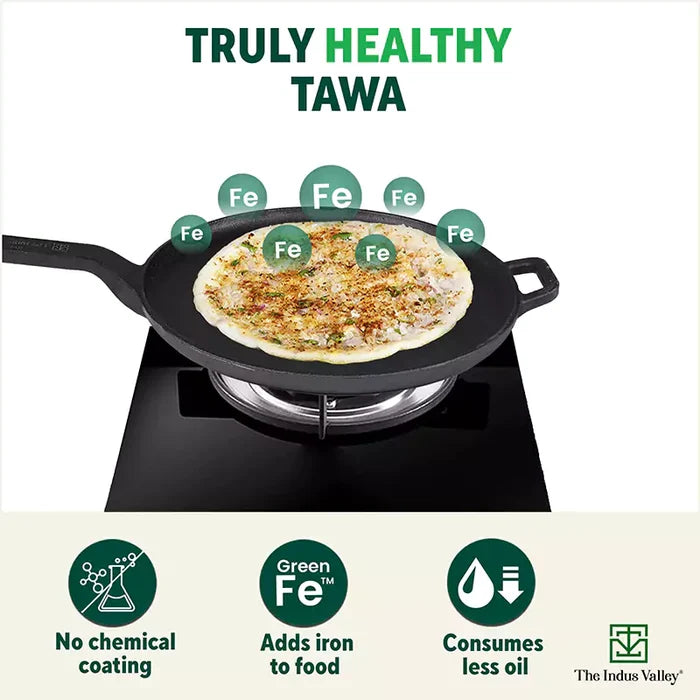 CASTrong Cast Iron Tawa With Long Handle 28.5cm, Pre-seasoned, Naturally Nonstick, 100% Pure, Toxin-free, Induction