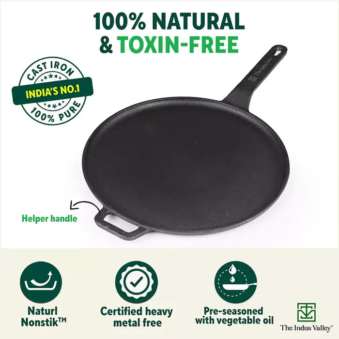 CASTrong Cast Iron Tawa With Long Handle 28.5cm, Pre-seasoned, Naturally Nonstick, 100% Pure, Toxin-free, Induction