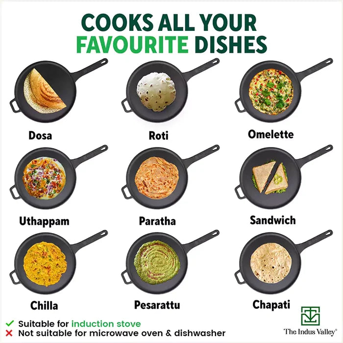 CASTrong Cast Iron Tawa With Long Handle 28.5cm, Pre-seasoned, Naturally Nonstick, 100% Pure, Toxin-free, Induction