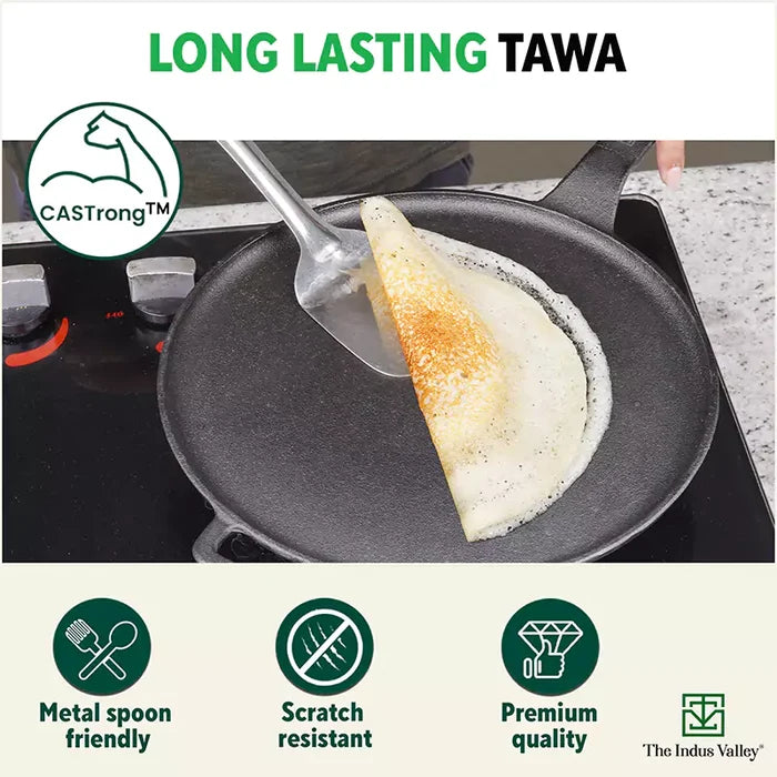 CASTrong Cast Iron Tawa With Long Handle 28.5cm, Pre-seasoned, Naturally Nonstick, 100% Pure, Toxin-free, Induction