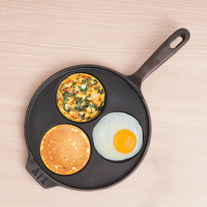 CASTrong Cast Iron Uttapam/ Set Dosa Tawa 23cm, 3 Pit, Pre-seasoned, 100% Pure, Toxin-free, Induction