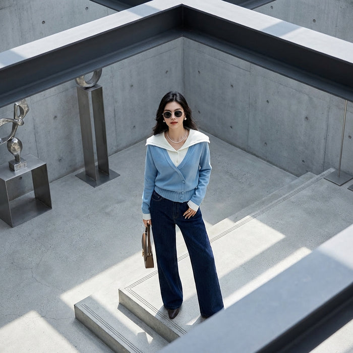 Pull en tricot rayé bleu et blanc - Mode coréenne décontractée