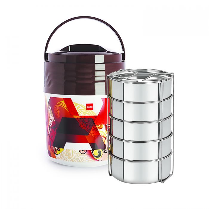 Cello Meal Star Jumbo insulated lunch box with 5 stainless steel containers 1300ml each ISI marked