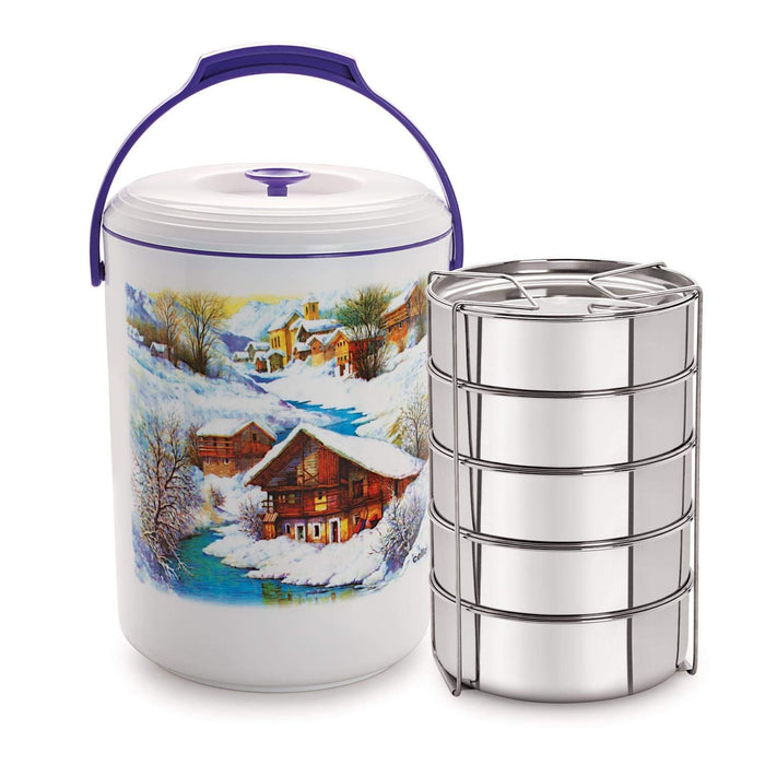 Cello Mega Hot 5 container stainless steel lunch pack showing insulated outer case and individual containers
