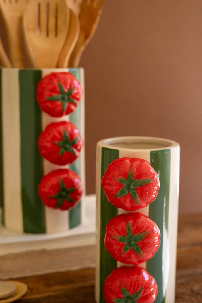 Ceramic Green Striped Vases with Tomatoes Set/2