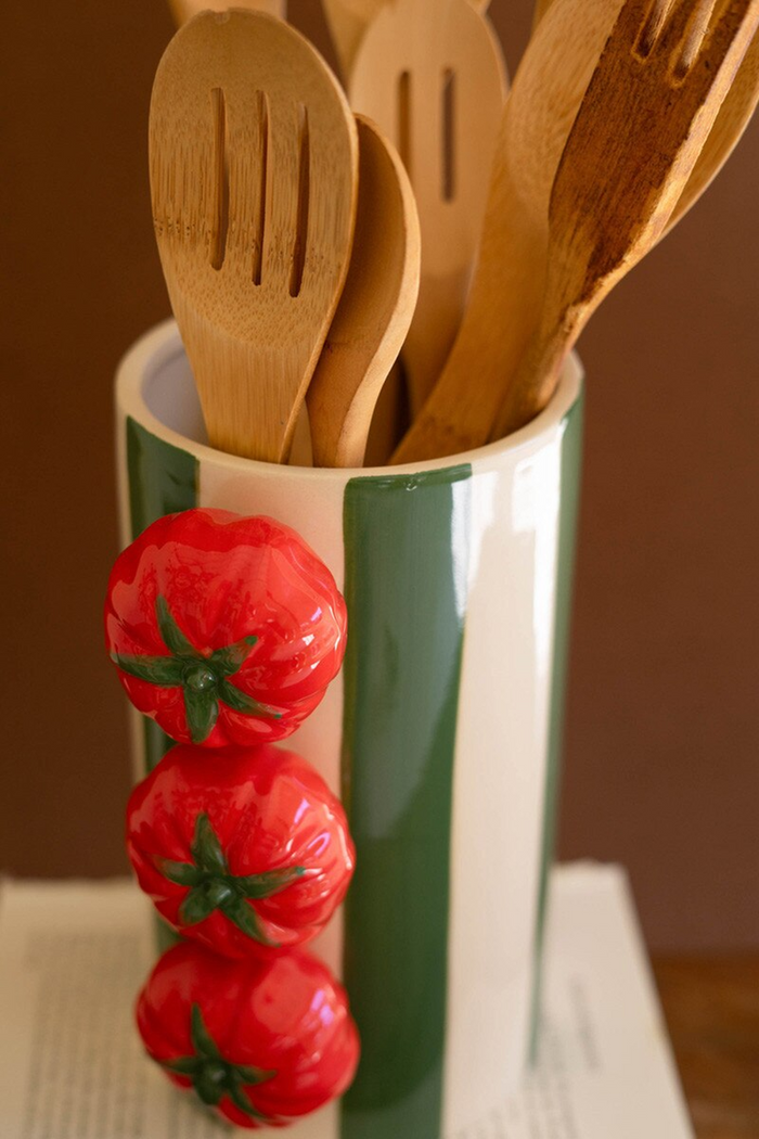 Ceramic Green Striped Vases with Tomatoes Set/2