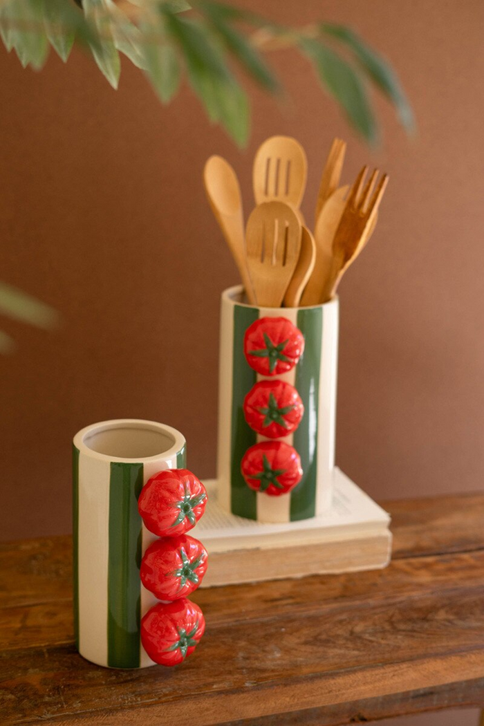 Ceramic Green Striped Vases with Tomatoes Set/2