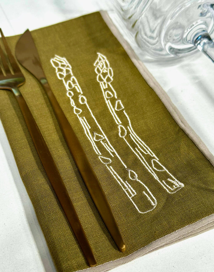 Embroidered Asparagus Linen Napkins, Set of 2