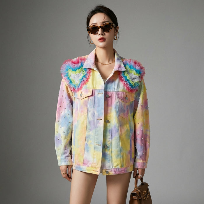 Veste denim brodée avec col et manches longues évasées - K-fashion - Taille One Size