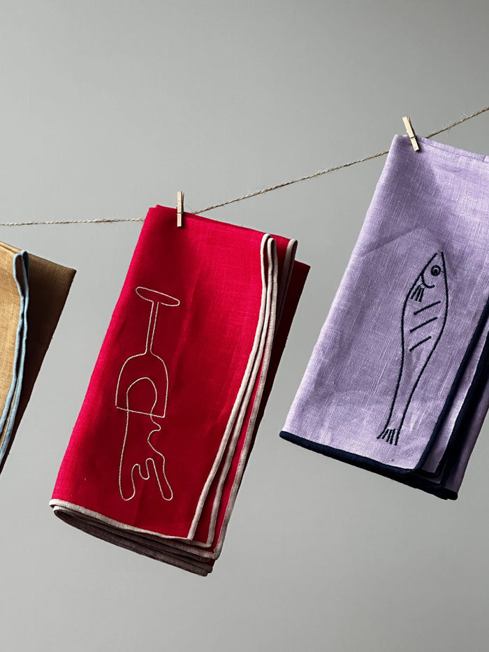 Embroidered Fish Linen Napkins, Set of 2