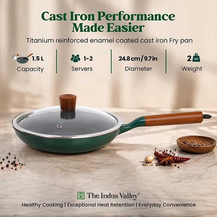 Enamel Coated Cast Iron Fry Pan with Glass Lid - 24cm | Induction & Gas Compatible