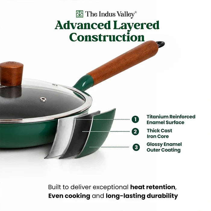 Enamel Coated Cast Iron Fry Pan with Glass Lid - 24cm | Induction & Gas Compatible