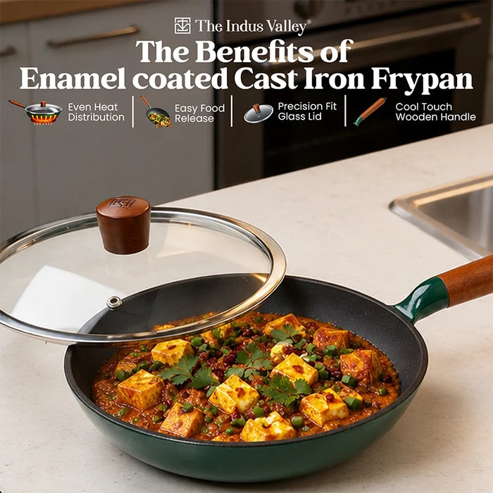 Enamel Coated Cast Iron Fry Pan with Glass Lid - 24cm | Induction & Gas Compatible