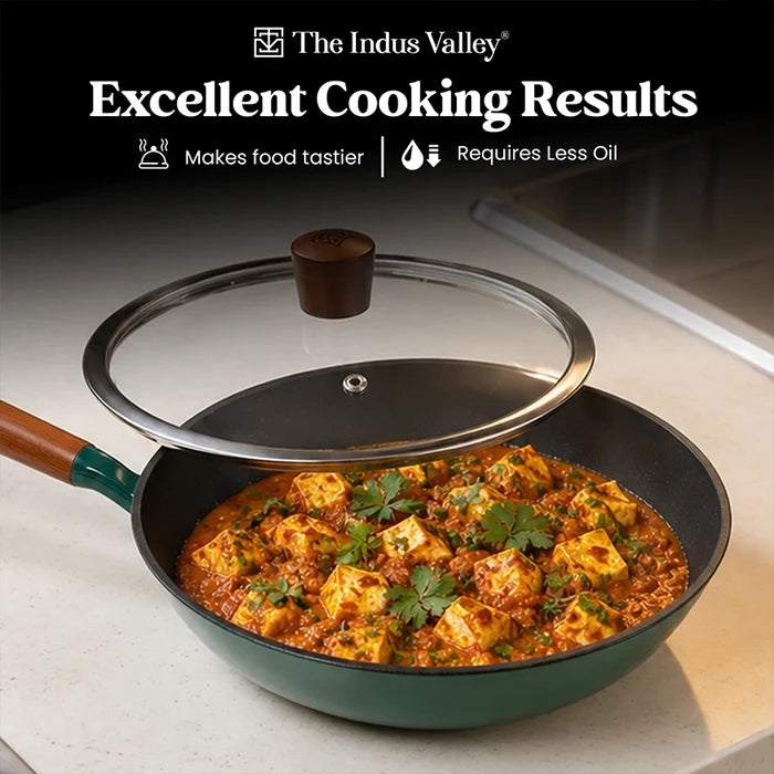 Enamel Coated Cast Iron Fry Pan with Glass Lid - 24cm | Induction & Gas Compatible