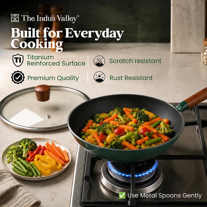 Enamel Coated Cast Iron Fry Pan with Glass Lid - 24cm | Induction & Gas Compatible