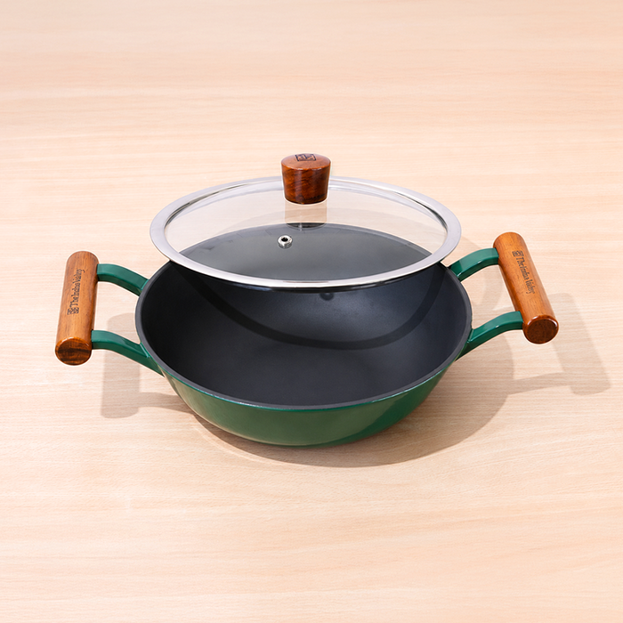 Enamel Coated Cast Iron Kadai, 24.9 cm / 2.3L with Glass Lid | Induction & Gas Compatible
